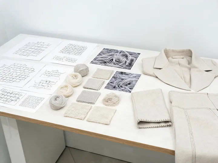 Fine fabric research table with weave and fiber studies
